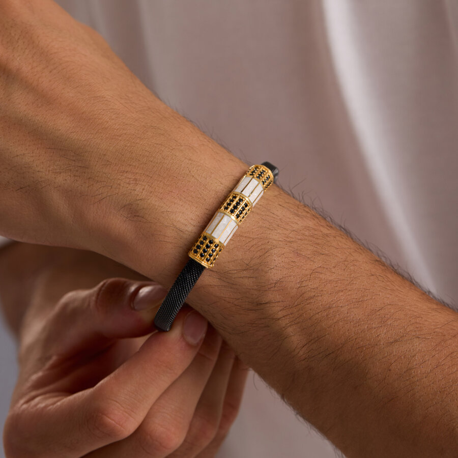 925 Ayar Gümüş Erkek Bileklik Sıralı Beyaz Sedef Mineli - 1