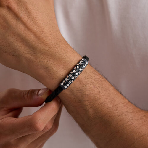 925 Ayar Gümüş Erkek Bileklik Elmas Kesim Champagne Taşlı - 