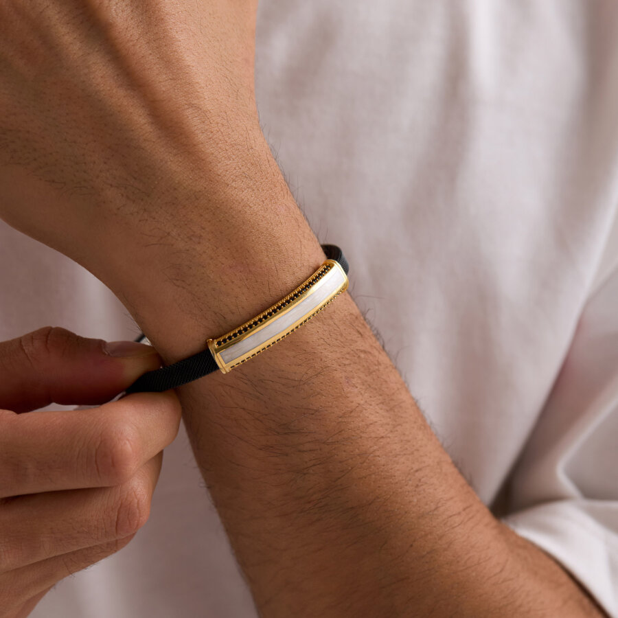 925 Ayar Gümüş Erkek Bileklik Beyaz Sedef Mineli - 1