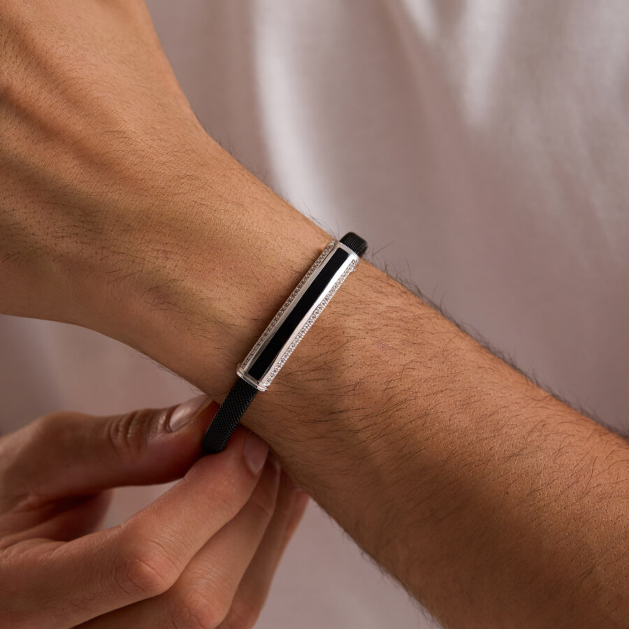 925 Ayar Gümüş Erkek Bileklik Beyaz Signity Taşlı - 1