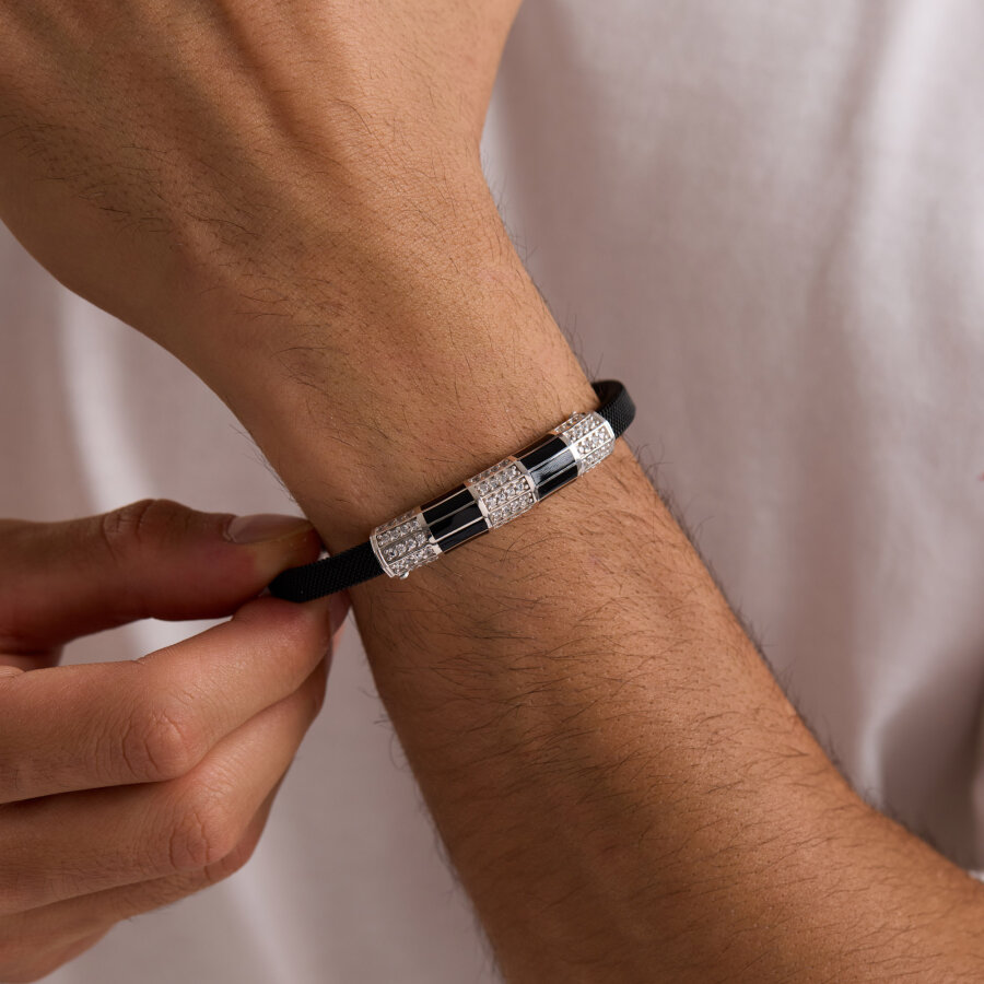 925 Ayar Gümüş Erkek Bileklik Sıralı Siyah Mineli - 1