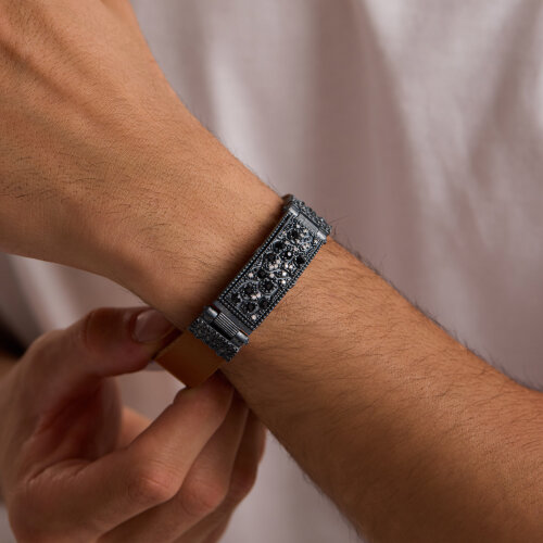 925 Ayar Gümüş Erkek Bileklik Kahverengi Deri Elmas Kesim Eskitme - 