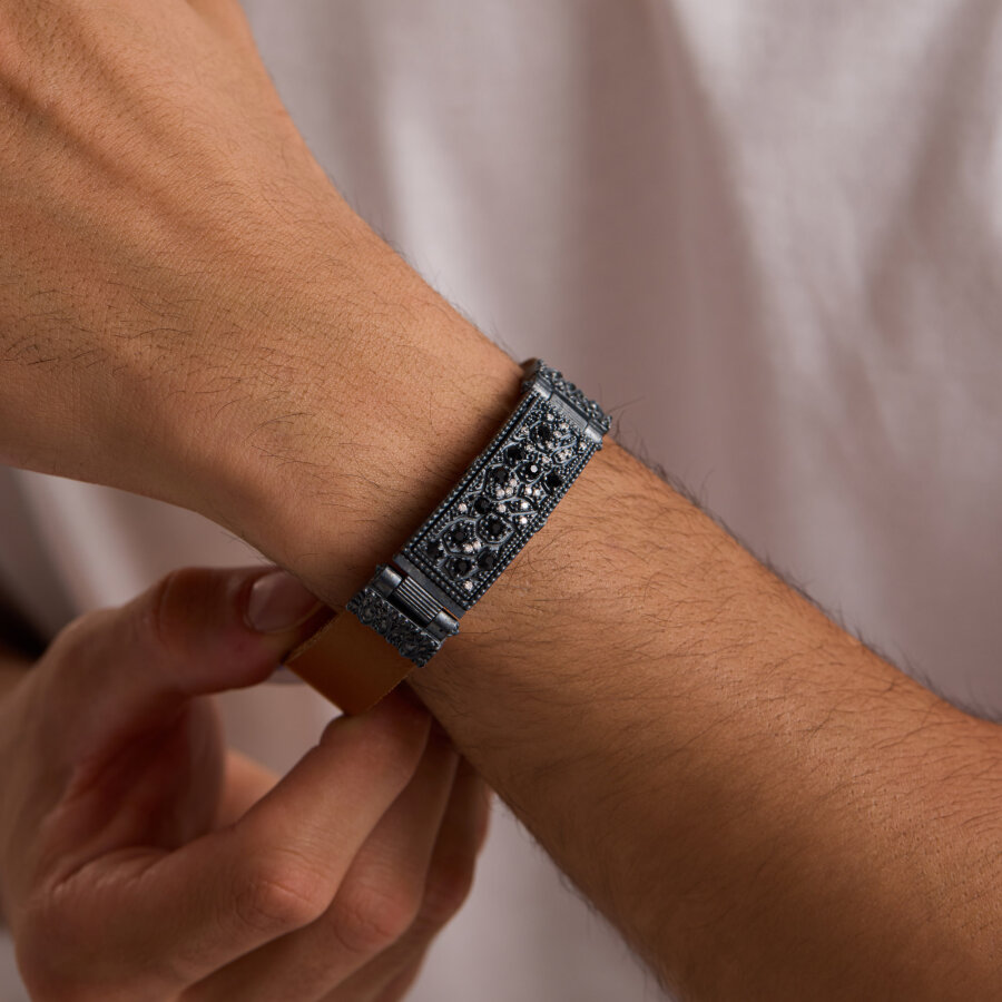 925 Ayar Gümüş Erkek Bileklik Kahverengi Deri Elmas Kesim Eskitme - 1