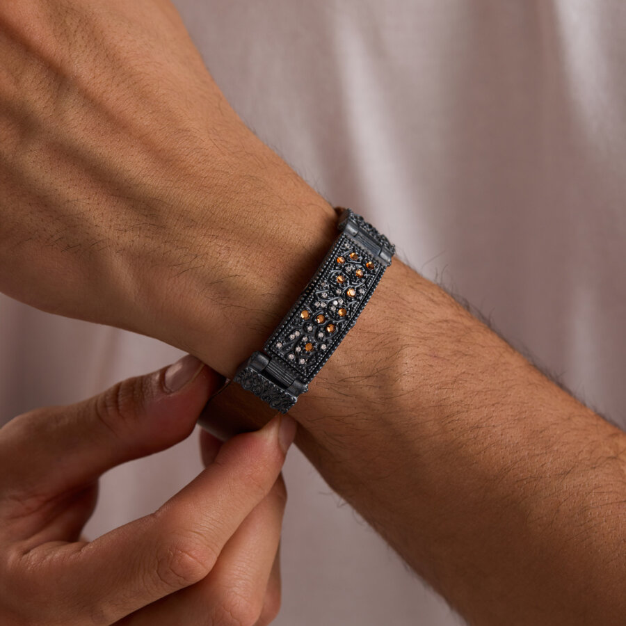 925 Ayar Gümüş Erkek Bileklik Kahverengi Deri Elmas Kesim Eskitme - 1