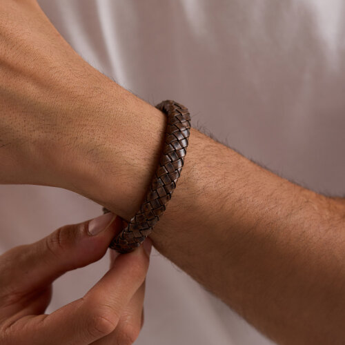 925 Ayar Gümüş Erkek Bileklik Kahverengi Örgü Deri Kilitli - 2