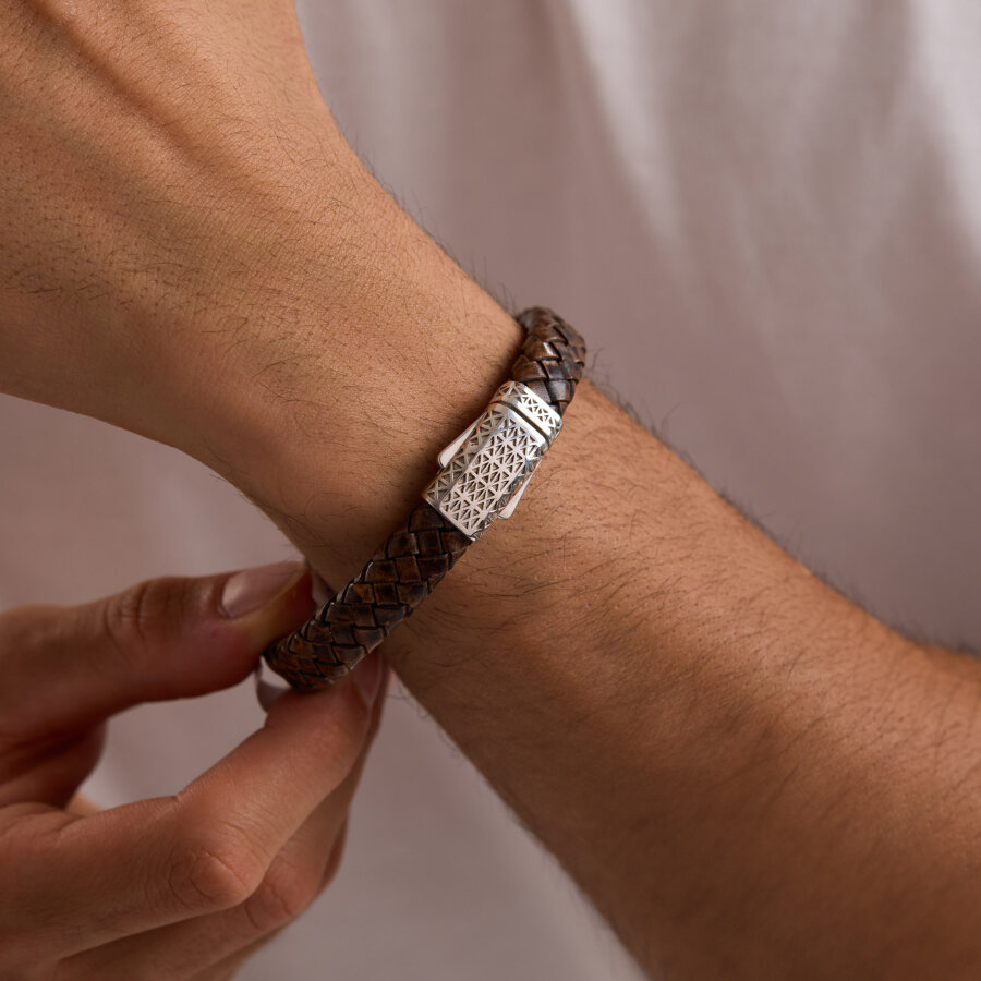 925 Ayar Gümüş Erkek Bileklik Kahverengi Örgü Deri Kilitli - 1