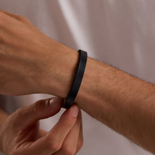 925 Ayar Gümüş Erkek Bileklik Siyah Deri Kilitli - 2