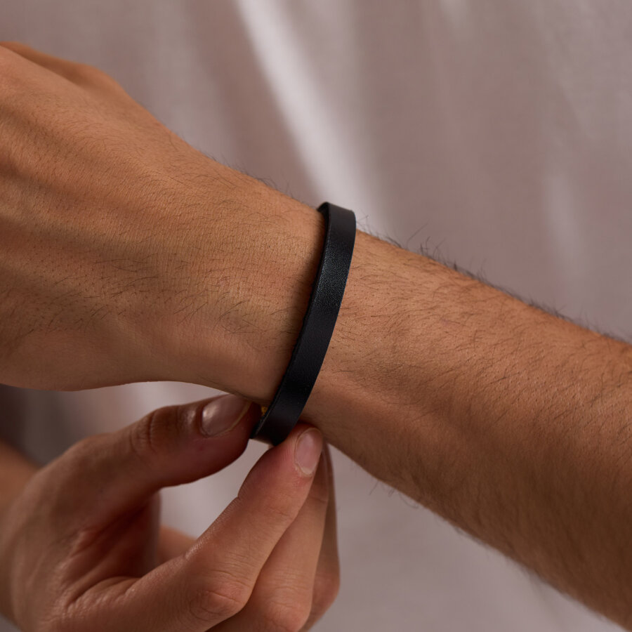 925 Ayar Gümüş Erkek Bileklik Siyah Deri Kilitli - 2