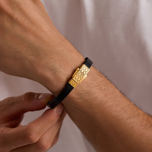 925 Ayar Gümüş Erkek Bileklik Siyah Deri Kilitli - 