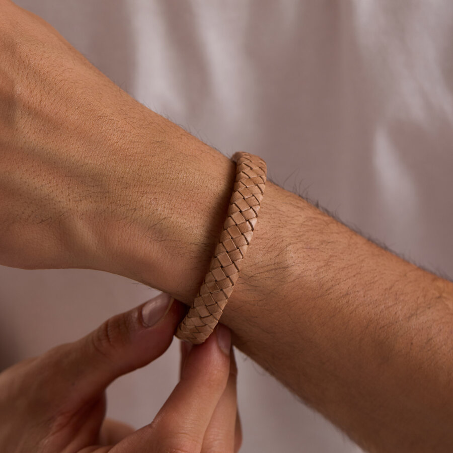 925 Ayar Gümüş Erkek Bileklik Açık Kahverengi Örme Deri Kilitli - 2