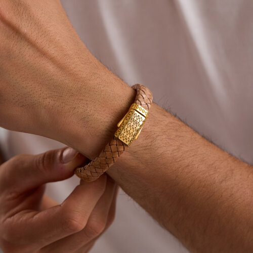 925 Ayar Gümüş Erkek Bileklik Açık Kahverengi Örme Deri Kilitli - 