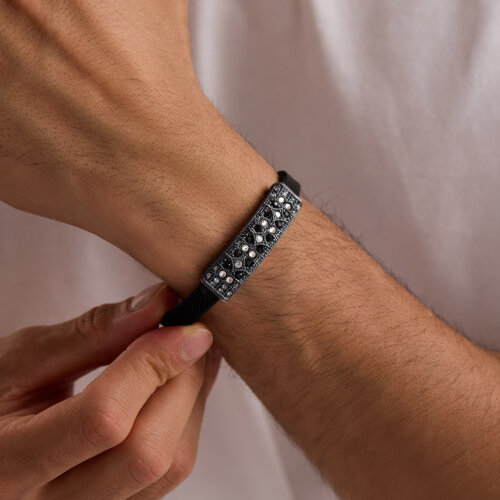 925 Ayar Gümüş Erkek Bileklik Elmas Kesim Siyah ve Beyaz Signity Taşlı - 