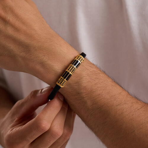 925 Ayar Gümüş Erkek Bileklik Siyah Mineli - 