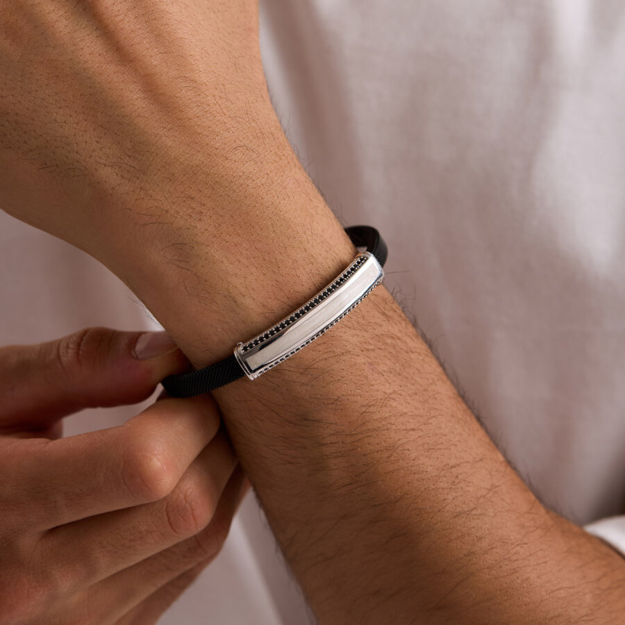 925 Ayar Gümüş Erkek Bileklik Onyx Taşlı ve Sedef Mineli - 1