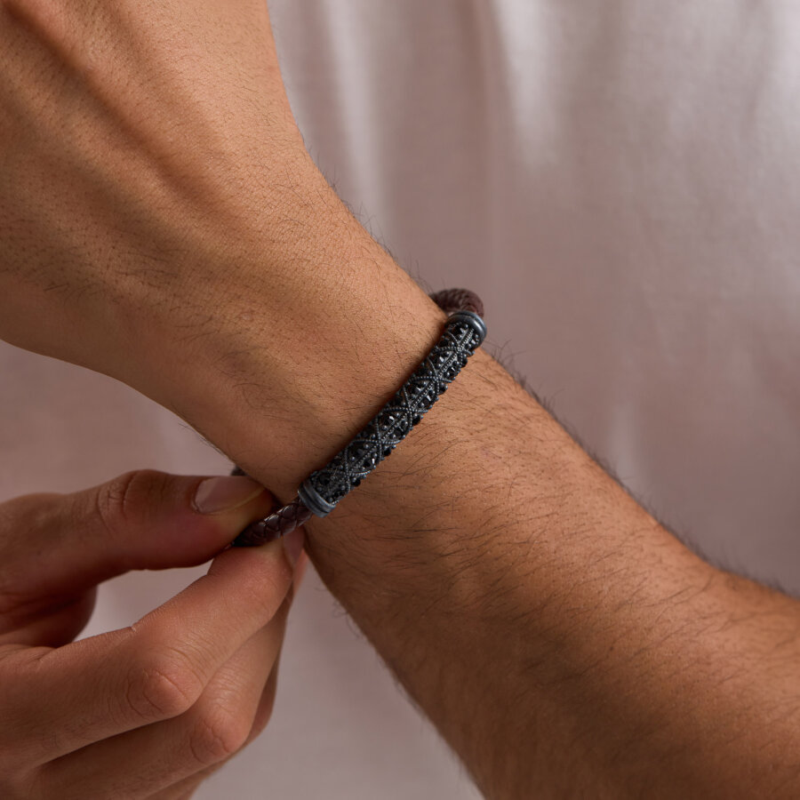 925 Ayar Gümüş Erkek Bileklik Kahverengi Örme Deri Eskitme - 1