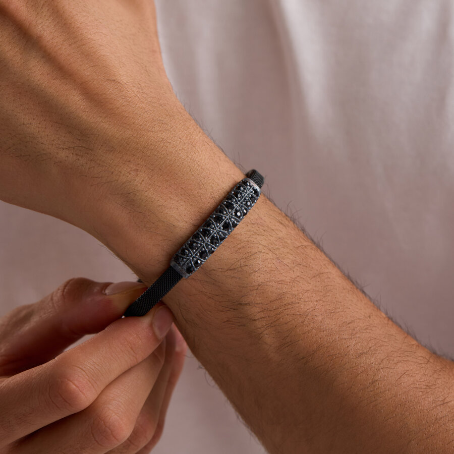 925 Ayar Gümüş Erkek Bileklik Elmas Kesim Siyah Signity Taşlı - 1