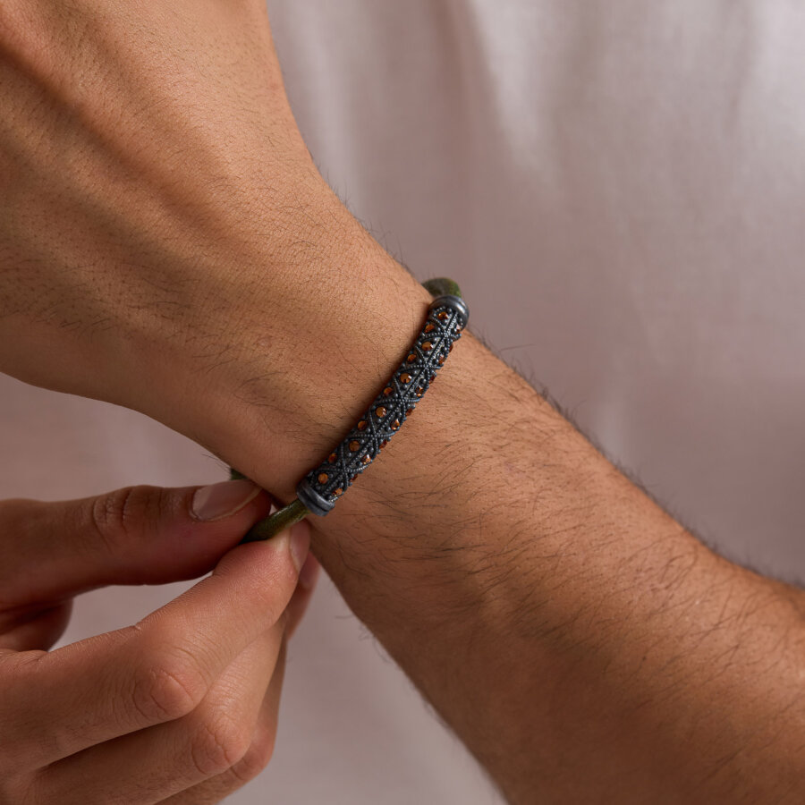 925 Ayar Gümüş Erkek Bileklik Haki Yuvarlak Deri Eskitme - 1