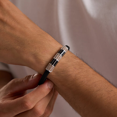 925 Ayar Gümüş Erkek Bileklik Siyah Mineli - 