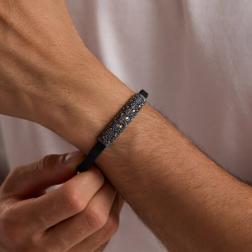 925 Ayar Gümüş Erkek Bileklik Eskitme Braun Taşlı - 