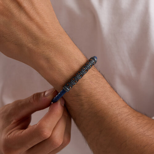 925 Ayar Gümüş Erkek Bileklik Lacivert Örgü Deri Eskitme - 