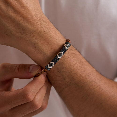 925 Ayar Gümüş Erkek Bileklik Taba Örgü Deri Eskitme - 