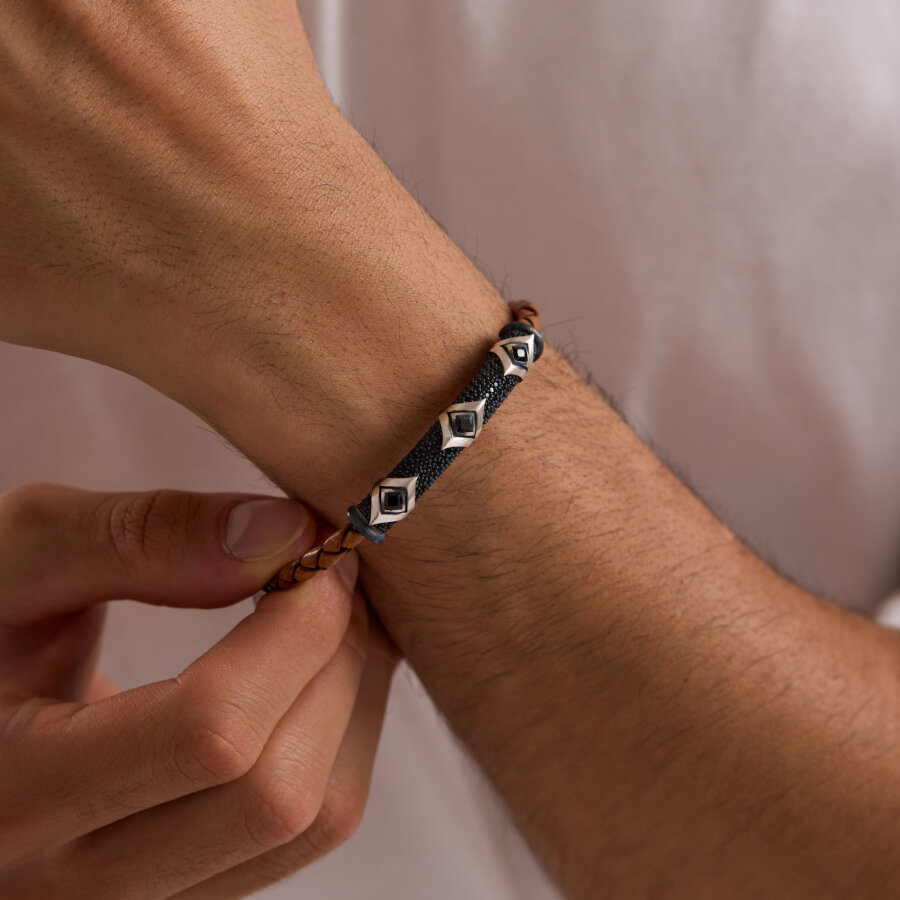 925 Ayar Gümüş Erkek Bileklik Taba Örgü Deri Eskitme - 1