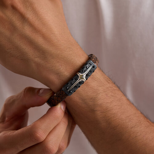 925 Ayar Gümüş Erkek Bileklik Kahverengi Örgü Deri Uzay Yolu Eskitme - 