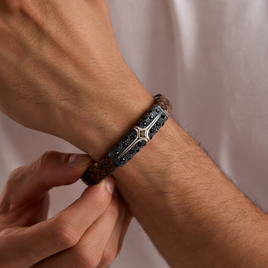 925 Ayar Gümüş Erkek Bileklik Kahverengi Örgü Deri Uzay Yolu Eskitme - 1