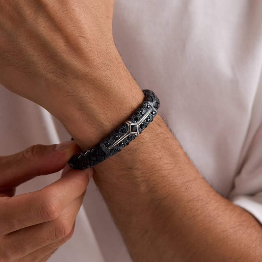 925 Ayar Gümüş Erkek Bileklik Siyah Örgü Deri Uzay Yolu Eskitme - 1