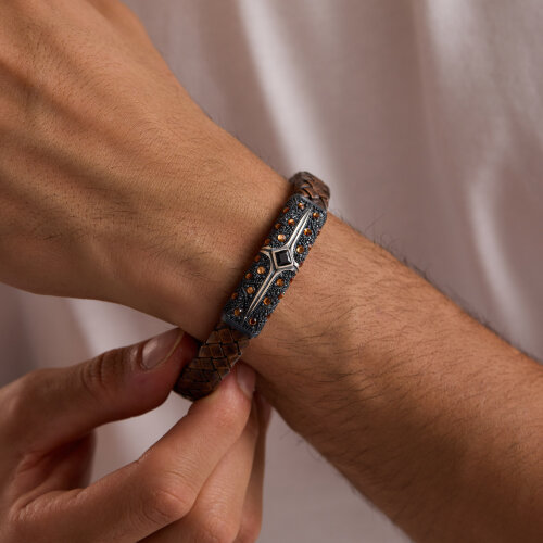 925 Ayar Gümüş Erkek Bileklik Kahverengi Örgü Deri Uzay Yolu Eskitme - 