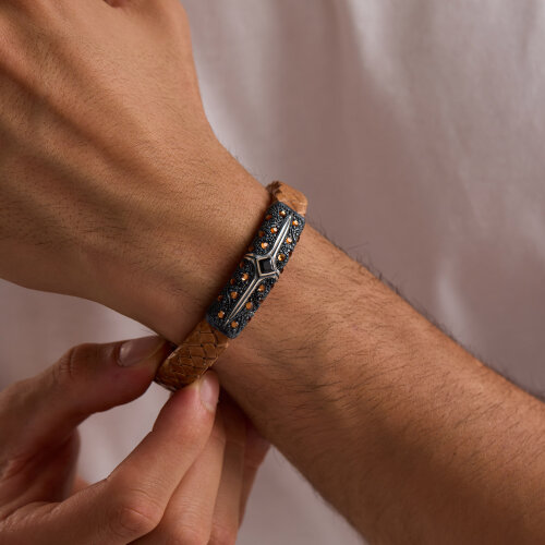 925 Ayar Gümüş Erkek Bileklik Taba Örgü Deri Uzay Yolu Eskitme - 