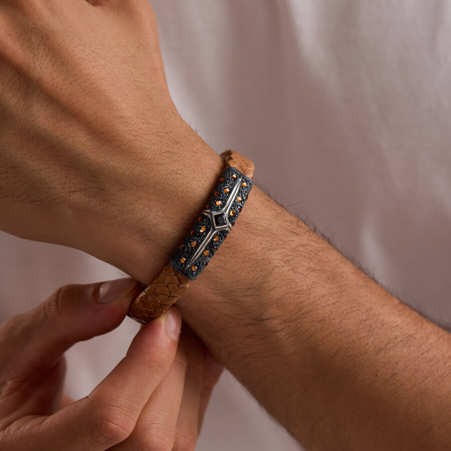 925 Ayar Gümüş Erkek Bileklik Taba Örgü Deri Uzay Yolu Eskitme - 1